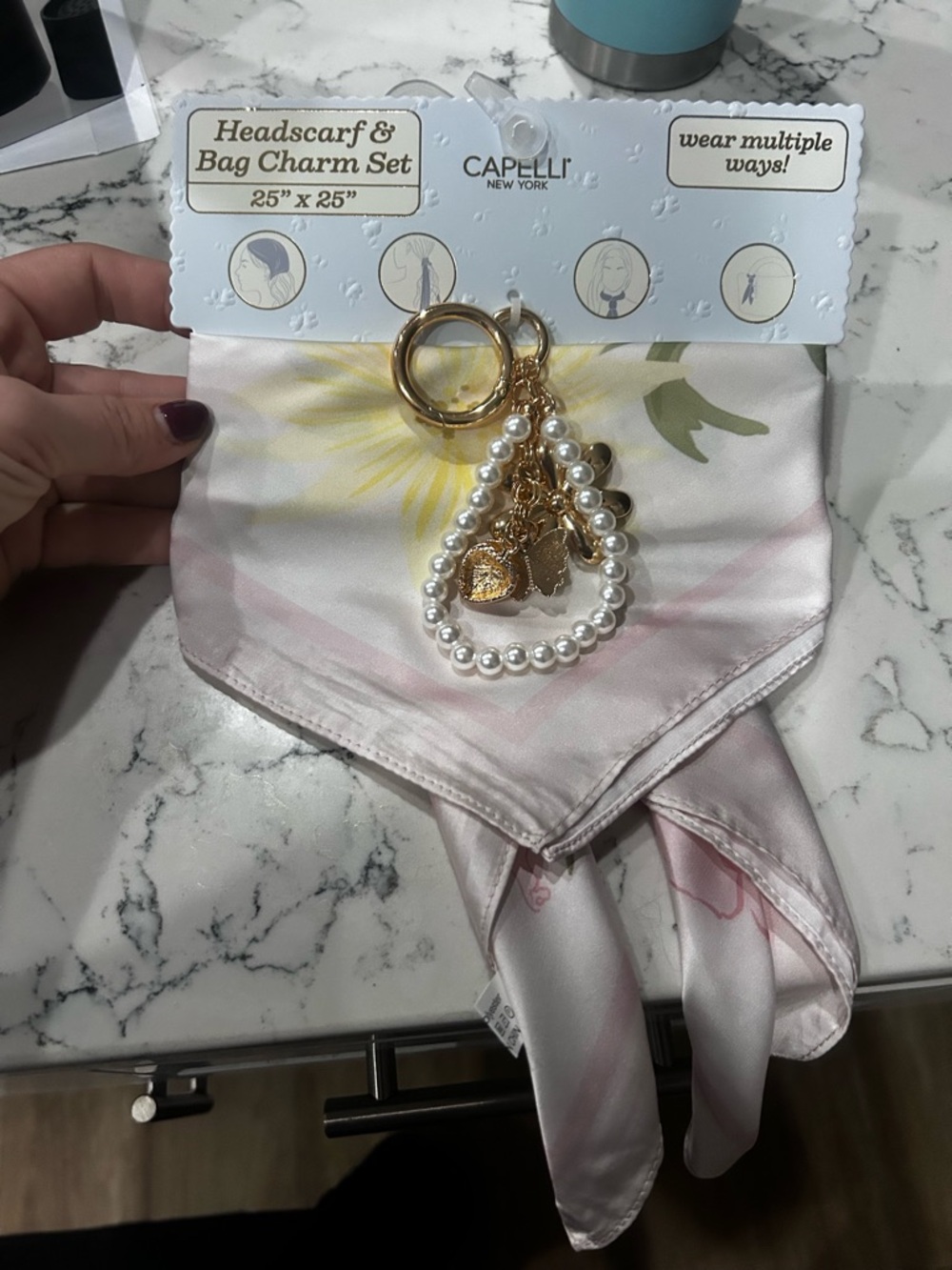 Capelli of New York Pink Floral Headscarf & Pearl Charm Keyring